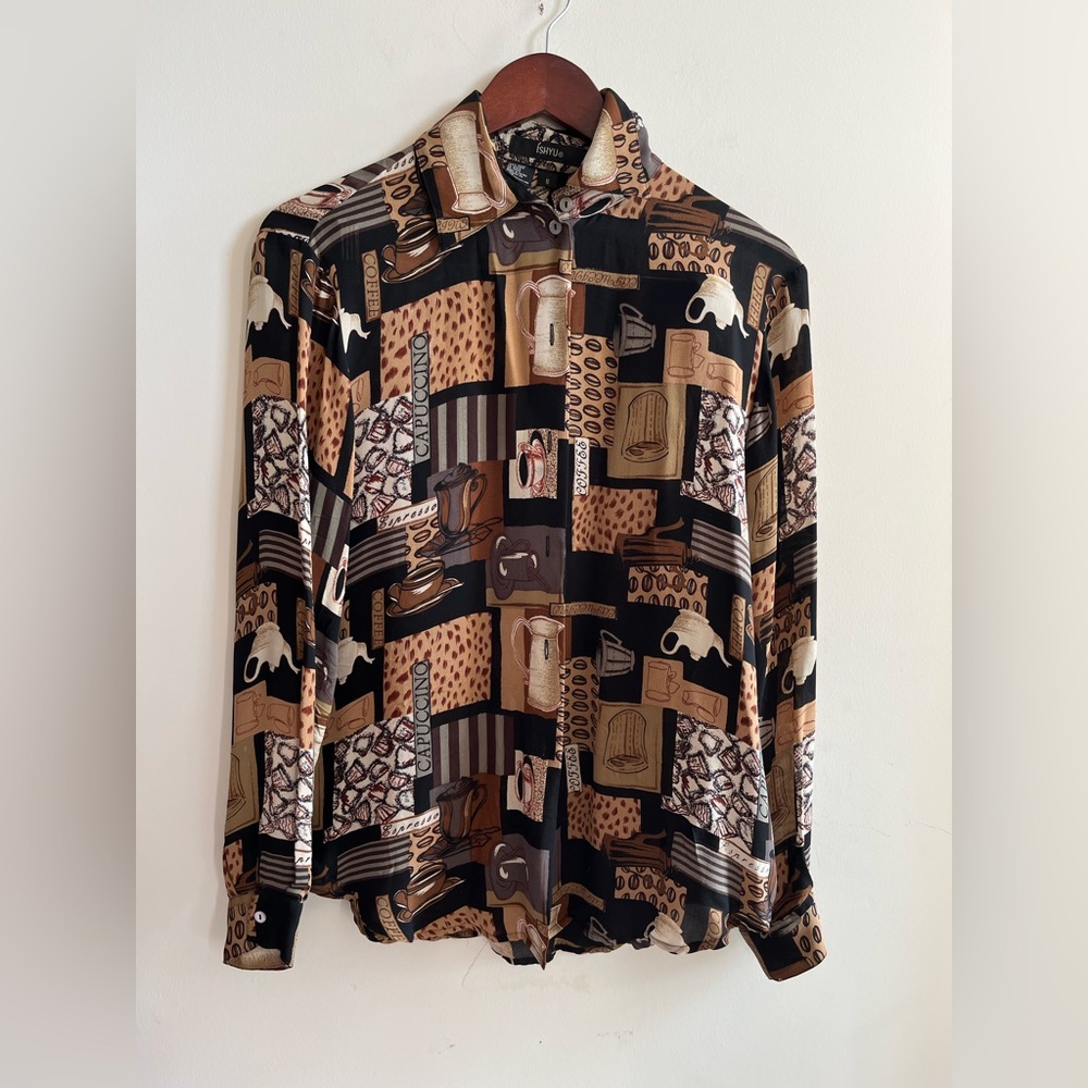 ISHYU Vintage 100% Silk Coffee/Espresso Pattern Print button-up Blouse - Size 8